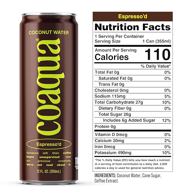 Coaqua Espresso’d Coconut Water (12 pack) Natural Caffeine Energy Drink with Electrolytes for Hydration &amp Focus – Zero Fat Gluten-Free Coconut Water with Espresso - 12 fl oz Cans