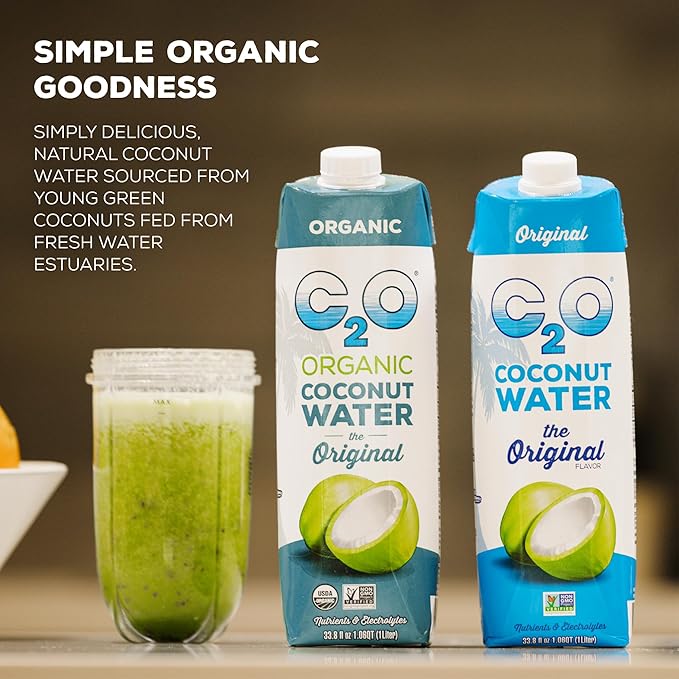 C2O - Organic Coconut Water The Original Flavor (12 Pack) - Made with Fresh Coconut Water - Plant Based Non GMO - Natural Hydration Essential Electrolytes &amp Potassium - 12 Tetra Packs 16.9 FL