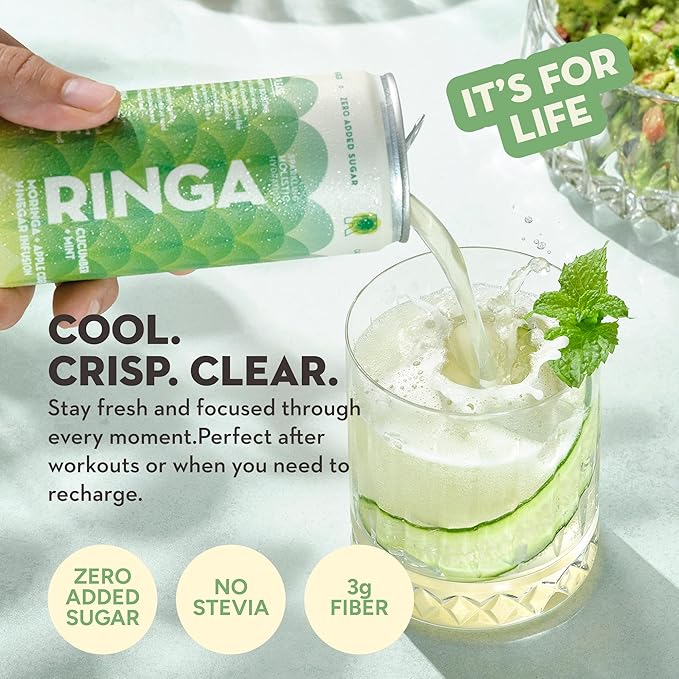 Ringa Sparkling Cucumber Mint Hydration 12 FZ Sparkling Drink Organic Moringa + Apple Cider Vinegar with 3g Prebiotic Fiber No Added Sugar Gut Health &amp Clean Hydration – 12oz Cans