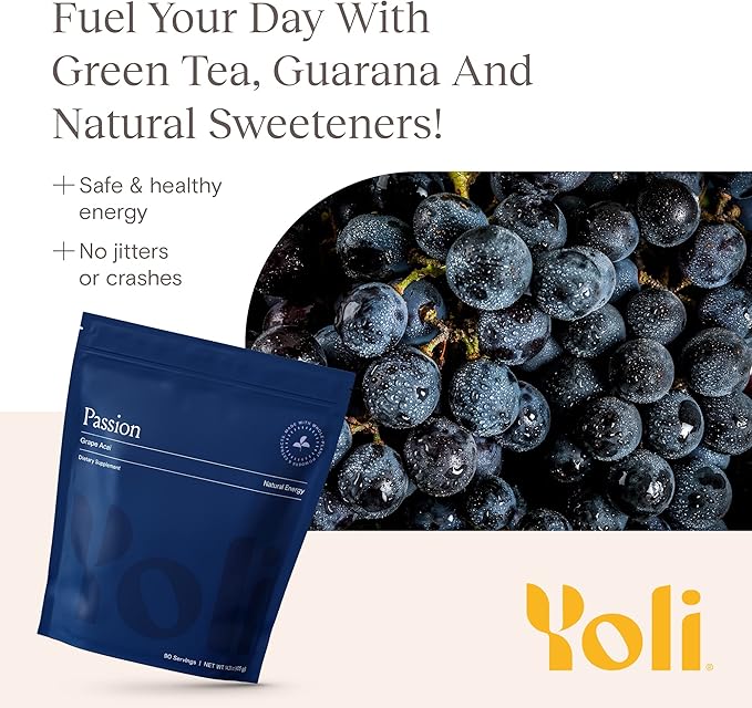 Yoli® Passion Energy Drink Powder Mix - Natural Energy Drink Mix for Endurance and Stamina Bulk 90 Servings - Grape Acai