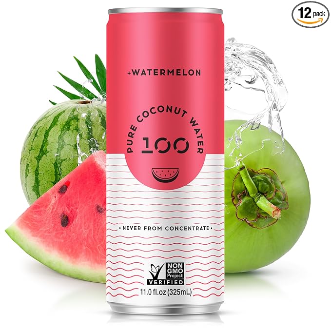 100 Coconuts Watermelon Pure Coconut-100% Pure Coconut Water - Low Calorie All-Natural Drink with Electrolytes - Naturally Sweet no preservatives- Non-GMO 11 fl oz Pack of 12 (Pure Coconut Water)