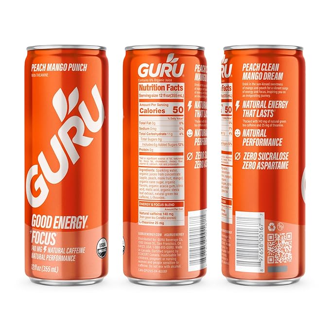 GURU Peach Mango Punch Organic Energy Drinks Clean Energy Drink with Plant Based Natural Caffeine from Green Tea + Focus with L Theanine Gluten Free and Vegan 140MG Caffeine 12oz (Pack of 24)