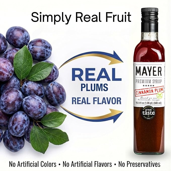 Mayer Premium Cinnamon Plum Syrup – Award-Winning All-Natural Vegan Gluten-Free Made with 100% Real Fruits (16.9oz) Perfect Coffee Syrup &amp Cocktail Syrup No Artificial Additives (1 Pack)