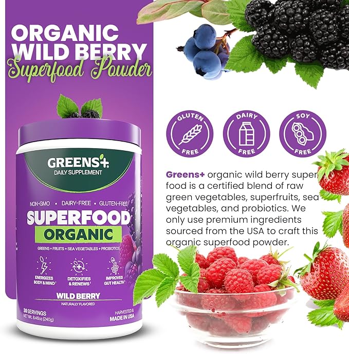 Greens+ Organic Wild Berry Superfood Powder Antioxidant Polyphenol Blend for Morning Kick Energy Vitality Boost Nutrition Vibrant Health Dietary Supplement Vegan Soy/Dairy/Gluten Free(8.46oz)