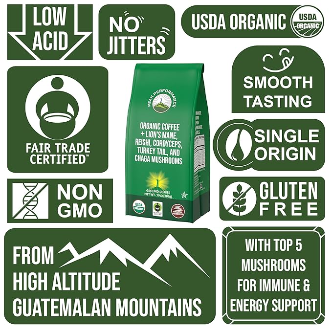 Organic Low Acid Mushroom Coffee with Lion's Mane Reishi Cordyceps Turkey Tail and Chaga Mushrooms - Great Tasting Premium High Altitude Medium Roast Ground Bags 10 oz by Peak Performance
