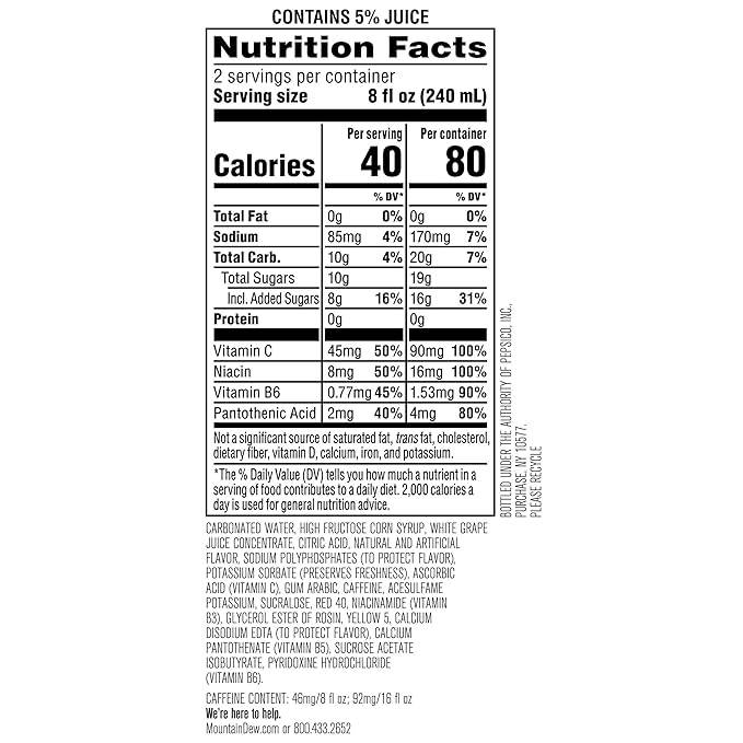 Mountain Dew Kickstart Fruit Punch 92mg Caffeine Vitamins B &amp C 80 Calories 5% Juice 16 fl oz (12 Count)