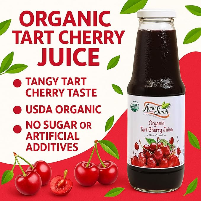 Anna and Sarah 33.8 Oz Organic Tart Cherry Juice - USDA Organic Certified - Glass Bottle (4 Pack) No Sugar Added No Artificial Colors No Preservatives No Flavors AddedNOT from Concentrate