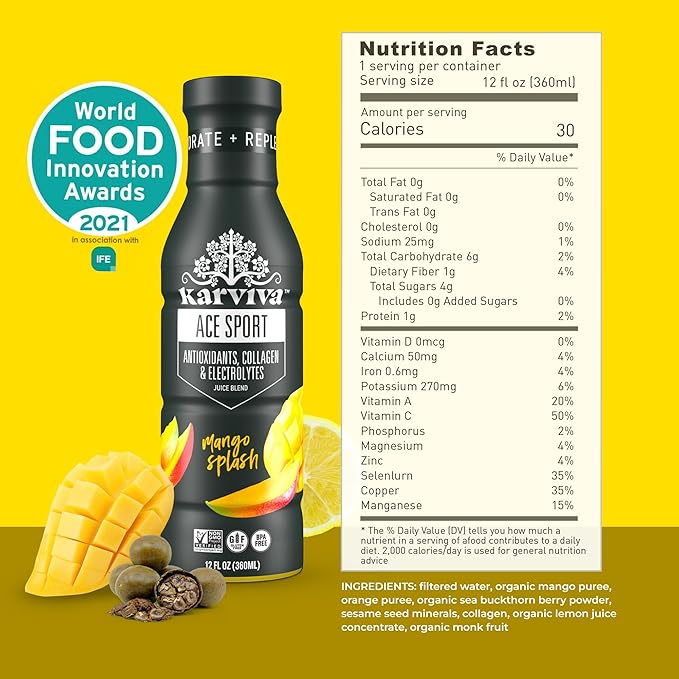 Karviva ACE Collagen Sport Juice Variety Pack - Inspired by Traditional Eastern Remedies for Healthy Joints Skin &amp Hair. Collagen Hydration Drinks with Natural Marine Collagen Electrolyte Antio