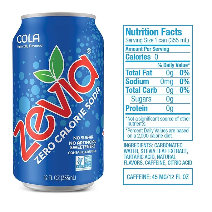 Zevia Zero Calorie Soda Cola 12 Ounce Cans (Pack of 24) and Zevia Zero Calorie Energy Drink Raspberry Lime 12 Ounce Cans (Pack of 12)