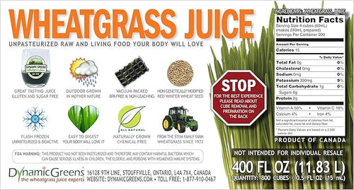 100% Wheatgrass Juice – Field-Grown Flash-Frozen Unpasteurized – 400 fl oz (800 x 0.5 fl oz Portions) – Dynamic Greens