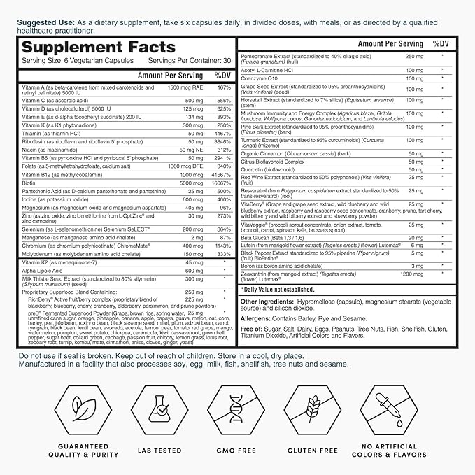 Nature's Lab Six Daily Advanced Multivitamin - Over 90 Nutrients Minerals Antioxidants Herbs &amp Whole Foods - 180 Capsules (30 Day Supply)
