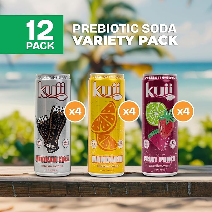 Kuii Prebiotic Soda Variety Pack – 12 Count with Mexican Cola Mandarin &amp Fruit Punch Flavors – Sparkling Gut-Friendly Drinks for Refreshing Guilt-Free Hydration 12 fl oz Cans