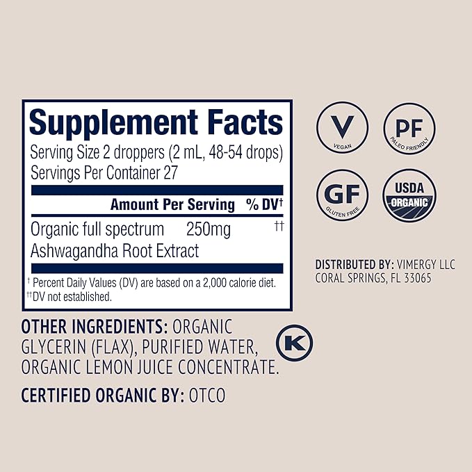 Vimergy USDA Organic Ashwagandha Liquid Extract 57 Servings –Stress Supplement Drops – Adaptogen - Supports Cognitive Function – Sleep Support – Alcohol-Free Non-GMO Vegan &amp Paleo Friendly (55