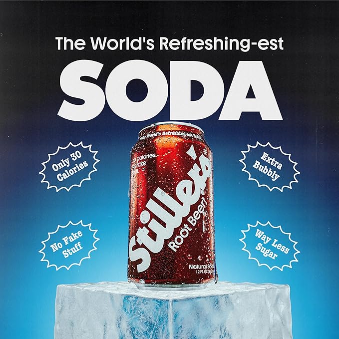 Stiller’s Root Beer Soda – 12 Pack Cans – Sparkling Root Beer Drink – Low Sugar Caffeine-Free Natural Soda Pop with Real Cane Sugar Stevia &amp Vitamins – Alternative to Diet Soda
