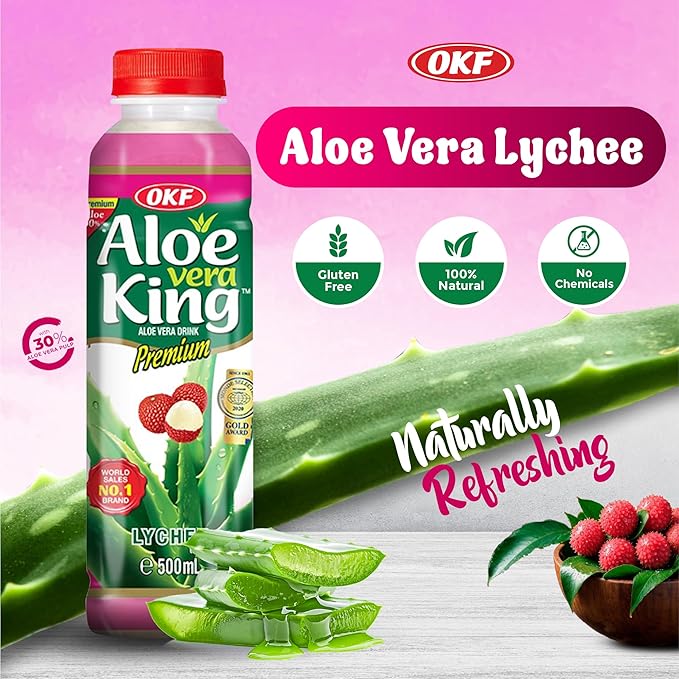 OKF Aloe Vera King Drink with Pure Aloe Pulp Variety Flavors 16.9 oz. (Lyche Pack of 20) Korean Premium Health Beverage