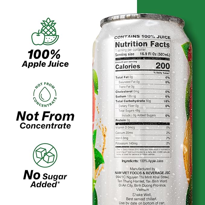 VINUT 100% Apple Juice No Added Sugar Not From Concentrate 16.9 fl oz (500 mL) Can Pack of 12