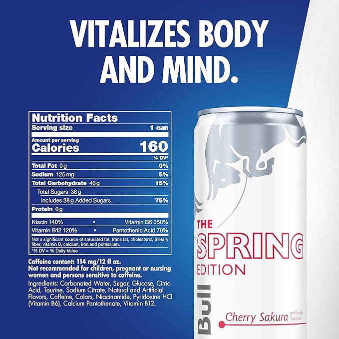 Red Bull Spring Edition Energy Drink Cherry Sakura 114mg Caffeine Taurine &amp B Vitamins 12 oz. Pack of 24 Cans