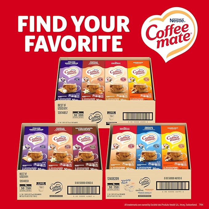 Nestle Coffee mate Creamer Singles Variety Pack Original Hazelnut Italian Sweet Creme Vanilla Caramel Non Dairy No Refrigeration 0.375 fl oz Tubs 200 Count (Pack of 50 Per Flavor)