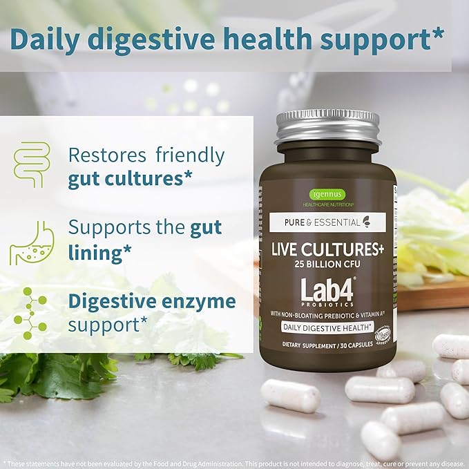Live Cultures+ Lab4 Probiotics + Vegan Vanilla Collagen Protein Powder Vegan Bundle Complete Collagen Boosting Formula + 25 Billion CFU Probiotic with Non-Bloating Prebiotic by Igennus
