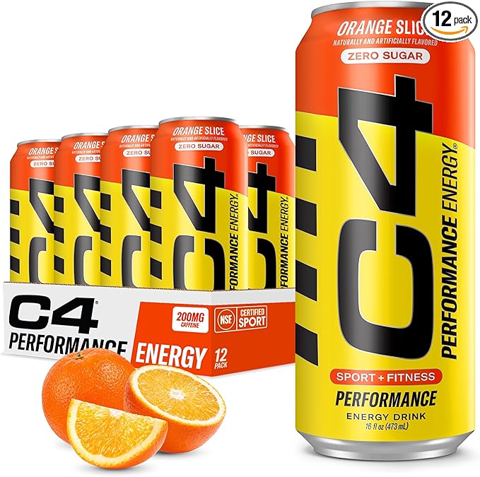 C4 Energy Carbonated Zero Sugar Energy Drink Pre Workout Drink + Beta Alanine Orange Slice 16 Fl Oz (Pack of 12)