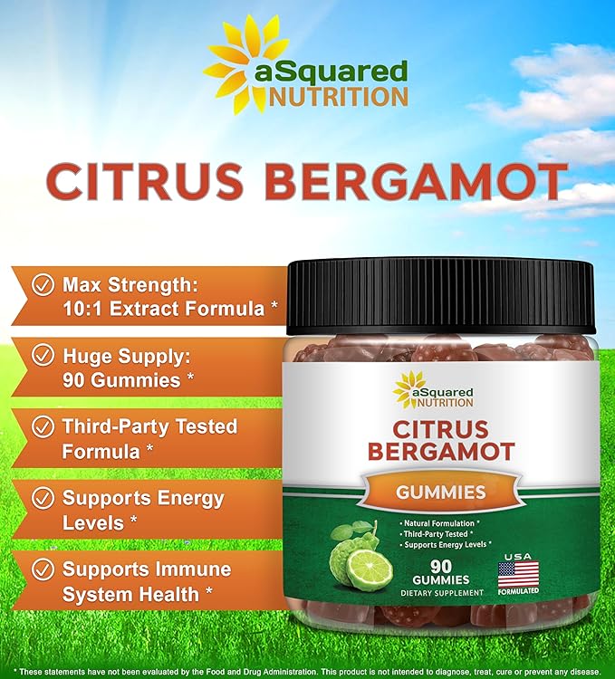 aSquared Nutrition Citrus Bergamot Gummies - Citrus Bergamot Extract Supplement 500mg Per Serving - Pure Gummy Alternative to Capsules &amp Pills