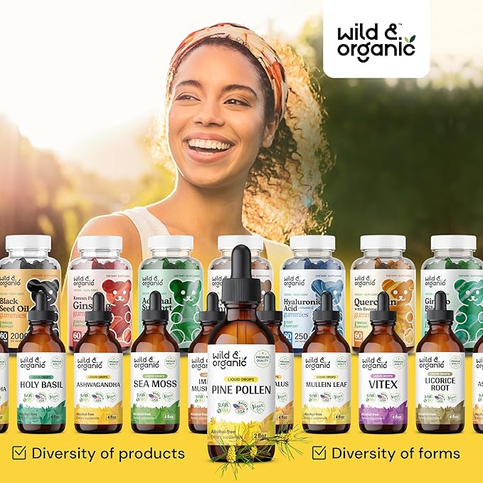 Wild &amp Organic Pine Pollen Tincture - Pine Pollen Extract Drops for Men &amp Women - Add to Tea &amp Drink - Pure Pinus Sylvestris Extract - Vegan Sugar &amp Alcohol-Free Liquid Supplement - 2