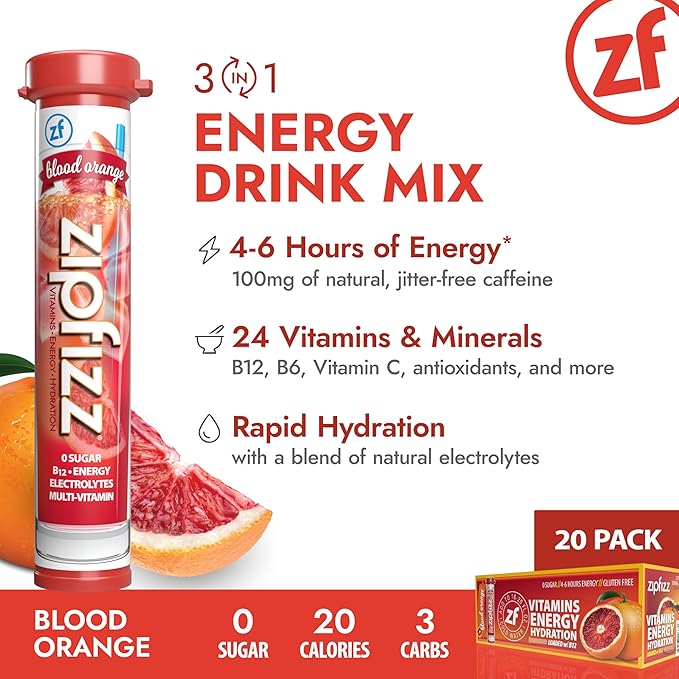 Zipfizz Daily Energy Drink Powder Blood Orange 20 Pack | 3-in-1 Sustained Energy Rapid Hydration and Essential Vitamins | Sugar-Free | Electrolyte Powder | Contains Vitamin B-12 &amp Antioxidants