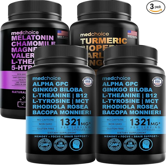 MEDCHOICE Sleep Melatonin (90ct) Turmeric &amp Ginger (120ct) and Nootropic Brain (120ct) Supplement Bundle - Wellness Trio for Brain Sleep &amp Immune Support - Vegan Non-GMO Gluten-Free