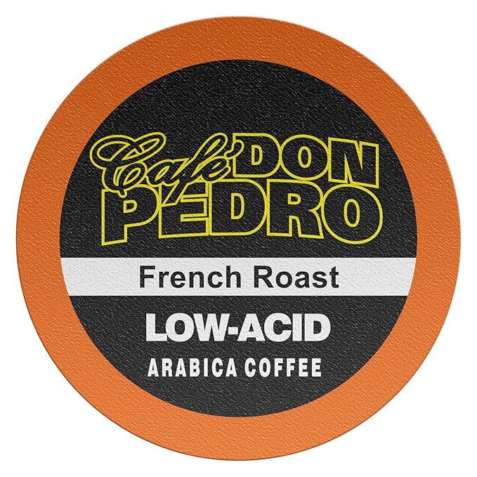 Cafe Don Pedro French Roast Low Acid Coffee Pods - Compatible with Keurig K-cup Coffee Maker Dark Roast 100% Arabica Battles Heartburn Acidic Reflux (72)