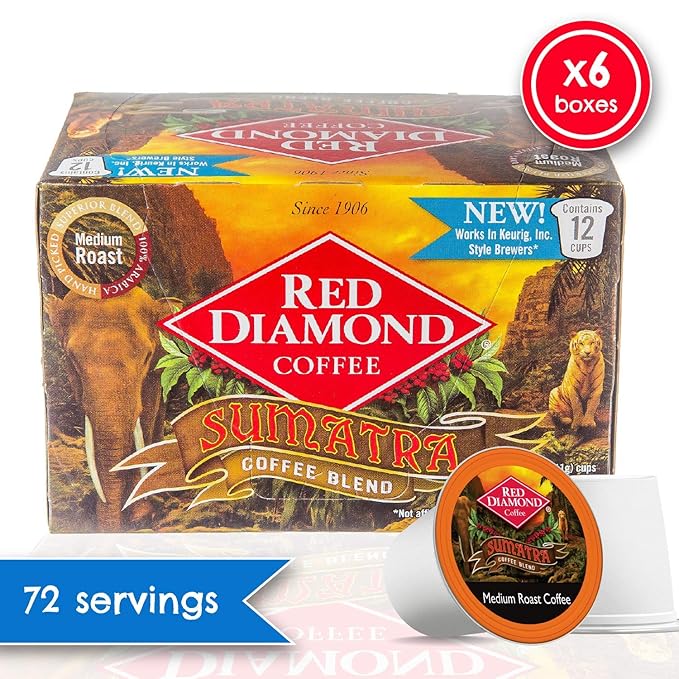 Red Diamond Coffee Cups Sumatra Blend Medium Roast Single Serve Coffee Cups Compatible with Most Brewers 6 Boxes of 12 Pods (72 Servings)