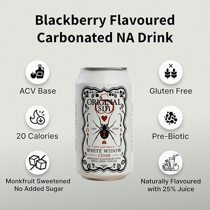 Original Sin Non Alcoholic Cider - White Widow | Sparkling Apple Cider Vinegar Drink with 25% Fruit Juice | Sugar Free Non Alcoholic Drinks- Blackberry Flavour