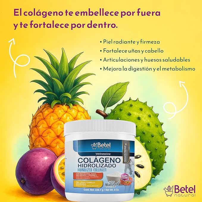 Betel Natural Colágeno Hidrolizado en Polvo con Ácido Hialurónico Resveratrol y Vitamina C – 8 oz | Sabor Natural | Apoyo para Piel Cabello y Uñas | Suplemento Alimenticio de
