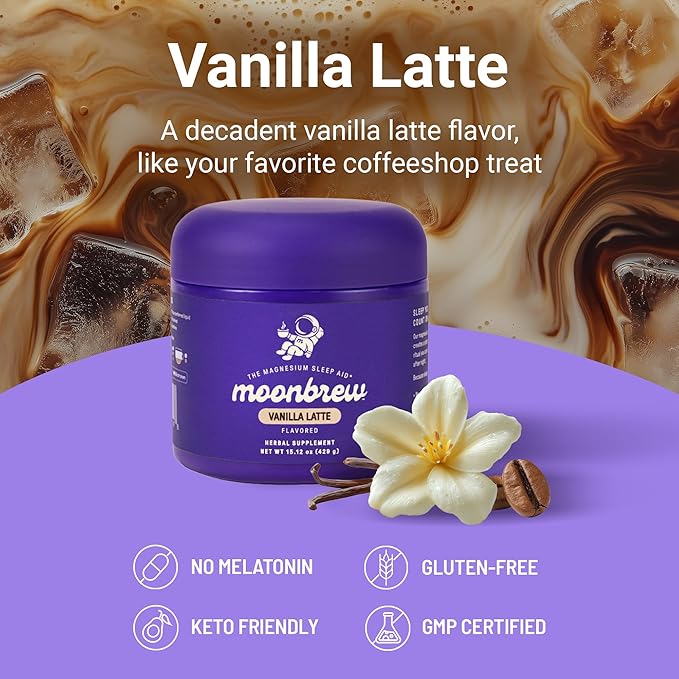MoonBrew Nighttime Magnesium Vanilla Latte Mix Natural Sleep Aid Drink Mix for Adults - Calming Melatonin-Free Sleep Support Powder with Magnesium Glycinate L-Theanine Chamomile &amp Zinc