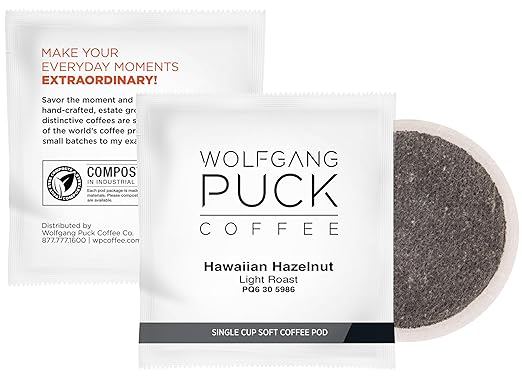 Wolfgang Puck Coffee Hawaiian Hazelnut Flavored 9.5 Gram Soft Pods 18 Count (Pack of 6)