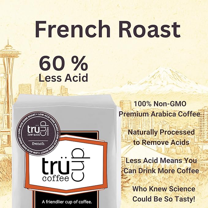 trücup Low Acid Coffee Whole Bean Coffee French Roast 5 LB Natural Water&ampSteam Process (60% Less Acid) Smooth Flavor Stomach-Friendly Rich in Antioxidants