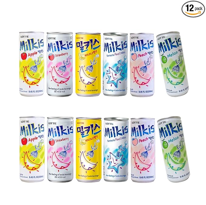 Lotte Milkis 6 Flavors Combo (Original Apple Melon Peach Banana &amp Strawberry) (6 x 2 Cans 8.45 FL Oz (Pack of 12))