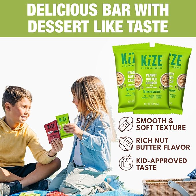 KiZE Energy Bars - Peanut Butter Crunch - Gluten Free Non-GMO and High Protein Meal Replacement Energy Bars Clean and Simple Food Ingredients - 10g High Protein Snacks (10 Count)