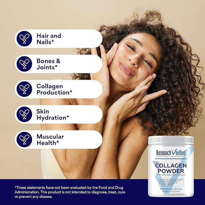 Research Verified® Collagen Powder - Hydrolyzed Marine Collagen Peptides - Unflavored - Skin Hydration and Elasticity Muscle Recovery Non GMO - 30 Scoops Per Container - 6 Month Supply
