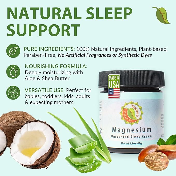 Taspen's Organics Magnesium Unscented Sleep Cream | Natural Nighttime Topical Magnesium for Babies Toddlers Kids &amp Pregnancy | Promotes Relaxation Deep Sleep &amp Soothes Muscles (9 oz)