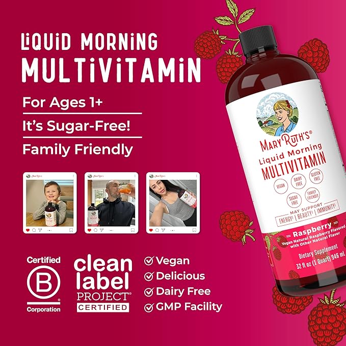 MARYRUTH'S Liquid Morning Multivitamin for Women Men &amp Kids | Vitamin A C D E B6 B12 Biotin Zinc | Beauty | Vegan | Non-GMO | Gluten Free | 32 Servings