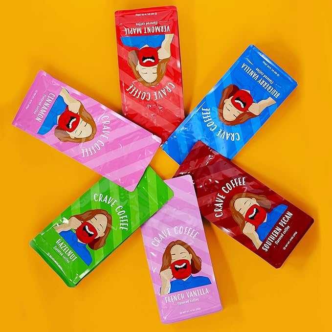 Crave Beverages Flavored Ground Coffee Bag Assorted Variety Pack – Flavorful and Fun Brew Made with 100% Arabica Beans - Flavor Enhanced 10 Oz Pack of 6
