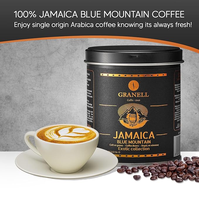Blue Mountain Jamaican Coffee by Cafés Granell: Low Acid Whole Bean Coffee Medium Roast to Dark Roast Coffee Popular Gourmet Coffee Lover Gifts 3.5oz