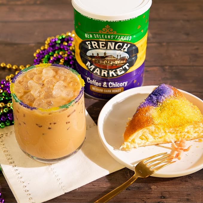 French Market Coffee &amp Chicory Medium-Dark Roast Ground Coffee 12oz Limited Edition Mardi Gras Can (Pack of 3)