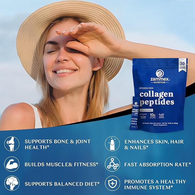 Zammex Collagen Peptides Powder Unflavored 600g + 30 Sticks Travel Packets