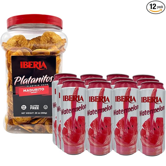 Iberia Watermelon Juice Drink 16.57 Fl Oz (Pack of 12) + Iberia Maduritos Naturally Sweet Plantain Chips 20 Oz.