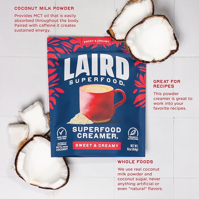 Laird Superfood Non-Dairy Superfood Creamer - Coconut Powder Coffee Creamer - Sweet &amp Creamy - Gluten Free Non-GMO Vegan - 16 oz. Bag Pack of 1