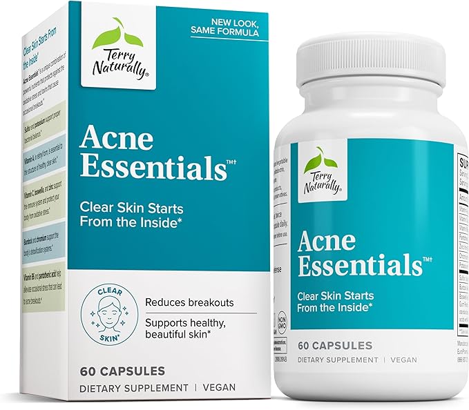 Terry Naturally Acne Essentials - Skin Support Supplement for Clear Skin - Supplement with Vitamins A C &amp Zinc - Skincare Supplement for Occasional Acne - 60 Capsules (60 Servings)