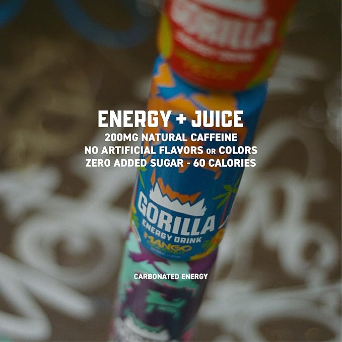 Gorilla Energy Drink Mango Coconut 200mg Natural Caffeine Real Fruit Juice Squeezed &amp Concentrated L-Theanine Taurine Ginseng Acetyl L-Carnitine No Added Sugar and No Artificial Colors 12