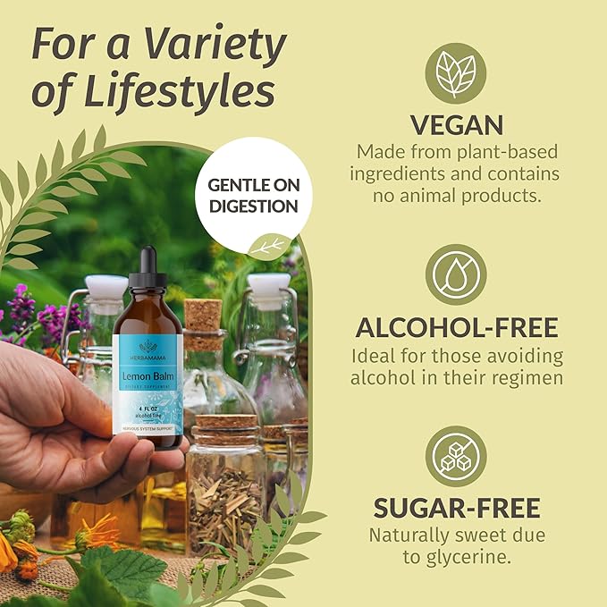 HERBAMAMA Lemon Balm and Rhodiola Kit - Bundle of Lemon Balm Tincture 4 Fl Oz &amp 1000mg Rhodiola Rosea Capsules - Vegan Non-GMO Alcohol &amp Gelatin-Free - 2 Pack