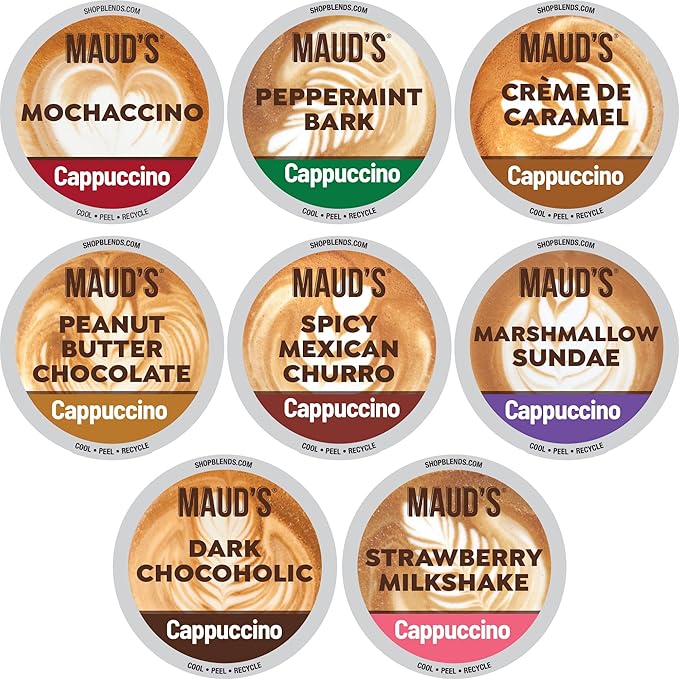 Maud's Cappuccino Coffee Pods Variety Pack 56 ct 8 Assorted Flavors Single Serve Pods – Compatible with Keurig K Cups Maker